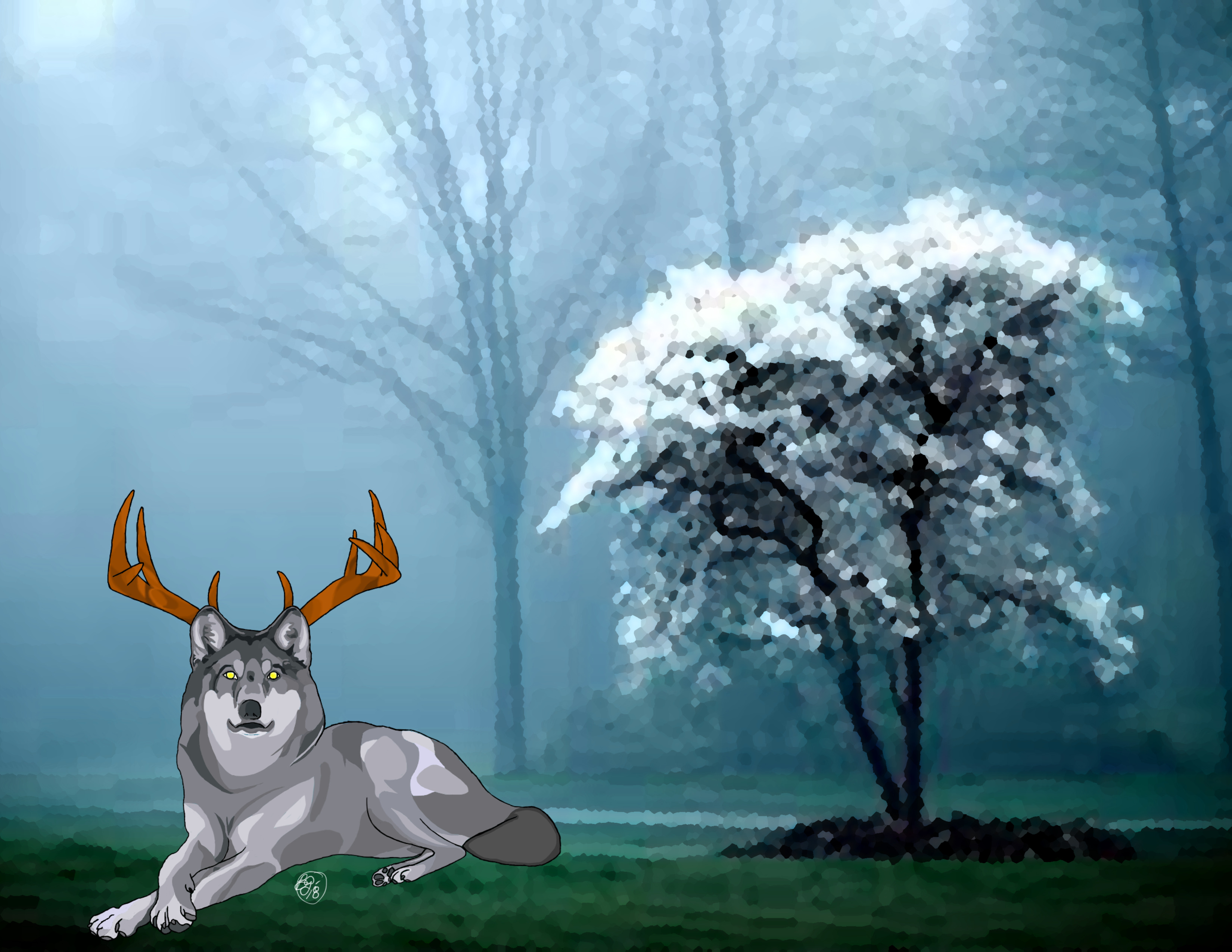 A grey wolf lies in the bottom left with antlers extending from its head. On the right of the picture there is a tree. In the background there are foggy outlines of more trees.