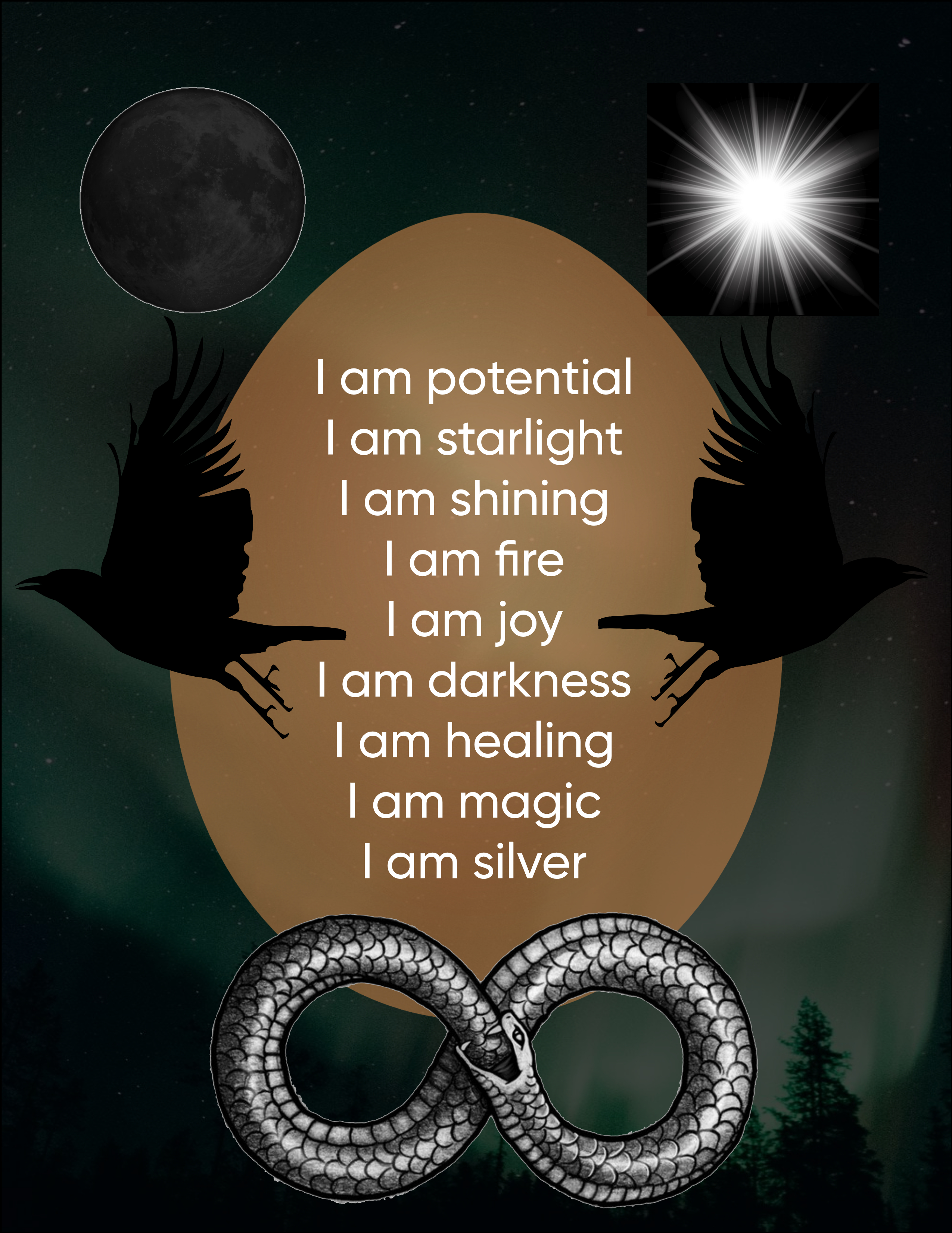 Text states I am potential I am starlight I am shining I am fire I am joy I am darkness I am healing I am magic I am silver. The background is an egg superimposed on the aurora borealis. Above is a dark moon and a bright star. There is a silhouette of a raven. Below there is a drawing of the Oroboros.