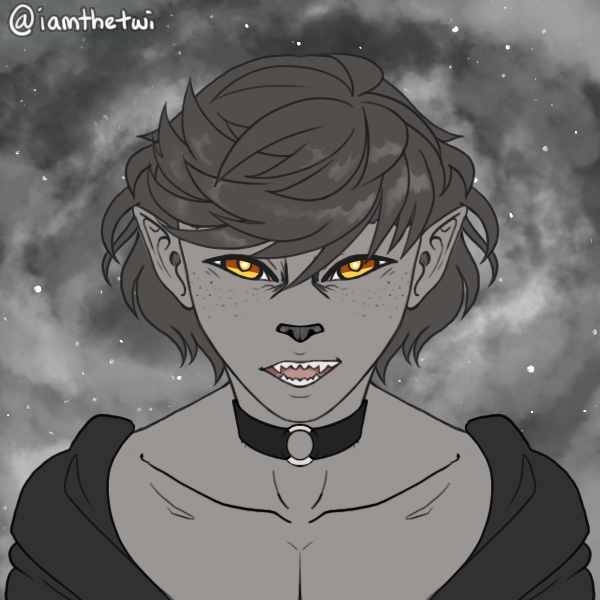 A picrew image of the bust of a grey skinned person. Fae has pointed ears and yellow, slanted, almond shaped eyes that are slightly crinkled in a smile. Faer nose is an animal snout and faer mouth is fanged. Fae is half smiling. Faer hair is short and messy. Fae is wearing a black hoodie that leaves most of faer chest exposed. Around faer neck is a black collar. In the upper lefthand corner, there is the text @iamthetwi